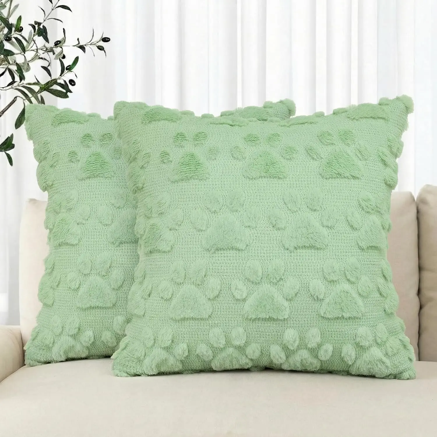 Spring   Paws Light Green Throw Pillow Covers, 18 x 18 Inch Soft Plush Faux  Jacquard Cushion Case  Decoration for Sofa Couch Set of 2