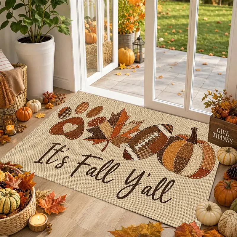 Flannel Floor Mat Flannel Floor Mat 1-piece non-slip flannel rug, suitable for Thanksgiving harvest season and autumn farmhouse decor--autumn maple leaf and football print doormat, machine washable soft indoor doormat, suitable for entryways, Thanksgiving