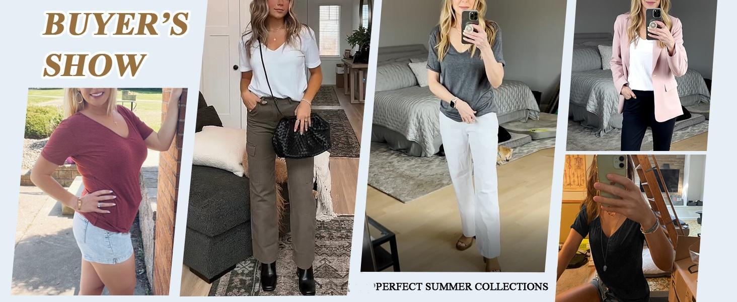 Imily Bela Women Fashion Deep V-Neck Short Sleeve Tops Solid Casual Loose Basic T Shirt