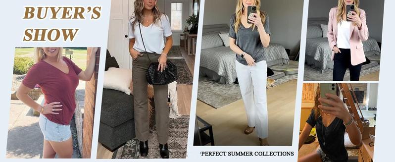 Imily Bela Women Fashion Deep V-Neck Short Sleeve Tops Solid Casual Loose Basic T Shirt