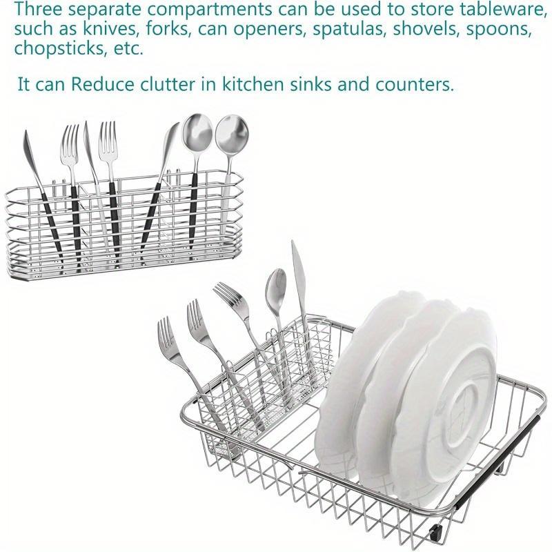 304 Stainless Steel Utensil Holder, Dish Drying Rack, Kitchen Utensil Organizer, Knife and Fork Draining Rack, Kitchen Drainage Basket Accessories, with Hooks, Rustproof, Color-Silvery