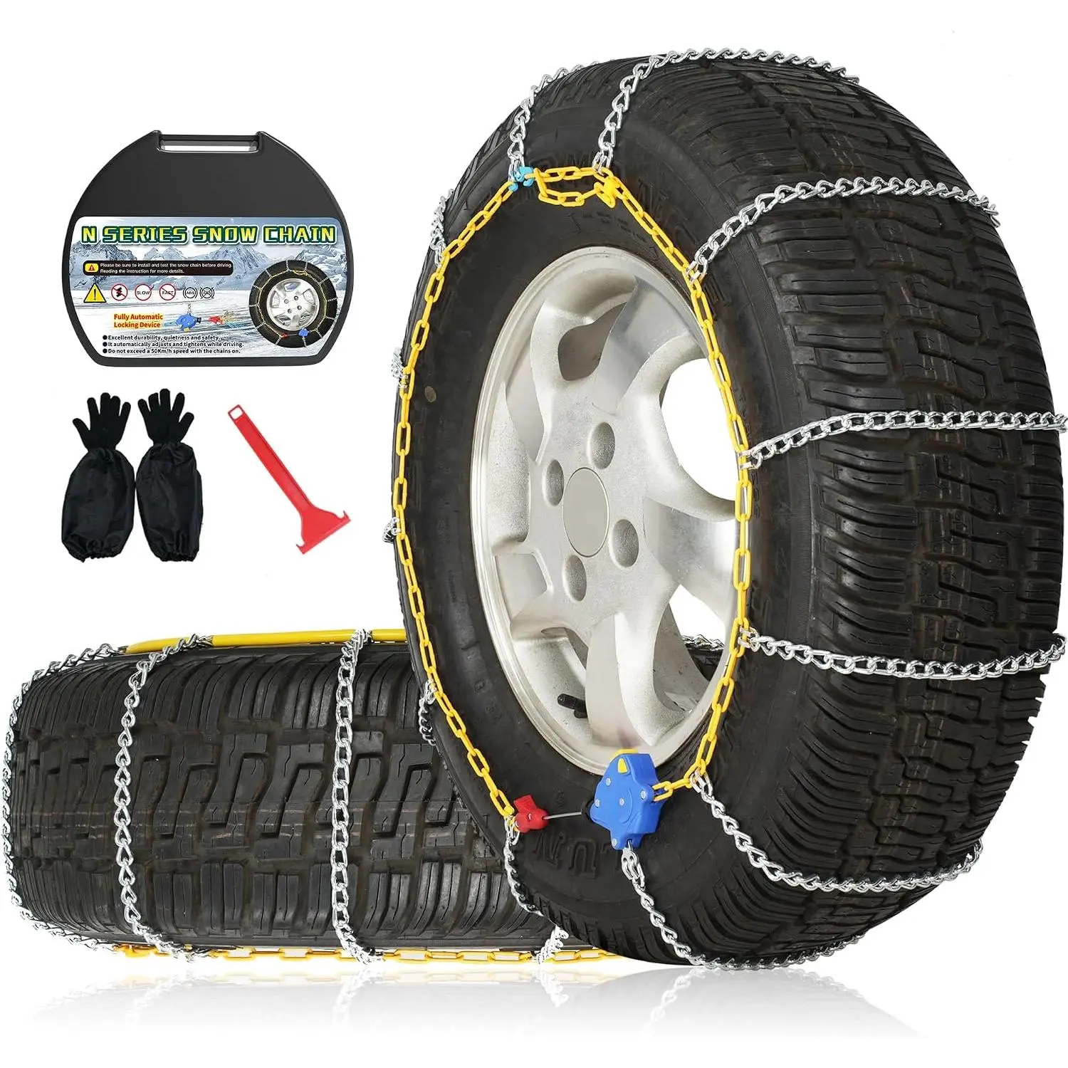Auto Fixing Snow Chains, 2 x 12 mm, 30s Quick Installation of Tire Chains with Automatic Tensioner,   Tire Traction Chain for , Pickups, and SUVs (HLN 140)