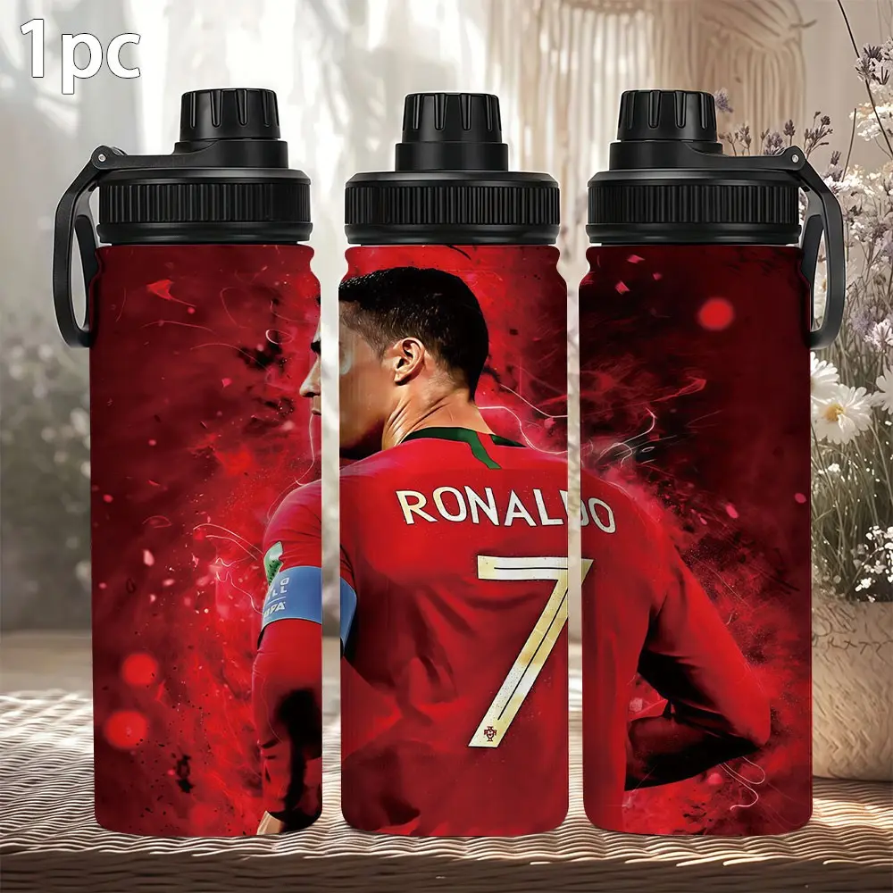 1pc 20oz thermos cup with the bust on the back of RONALDO's red and green shirt. It is designed in the style of hot-blooded football. The wine red background is matched with the gold Ronaldo font and the number 7, dynamic splashes ink and red light spot