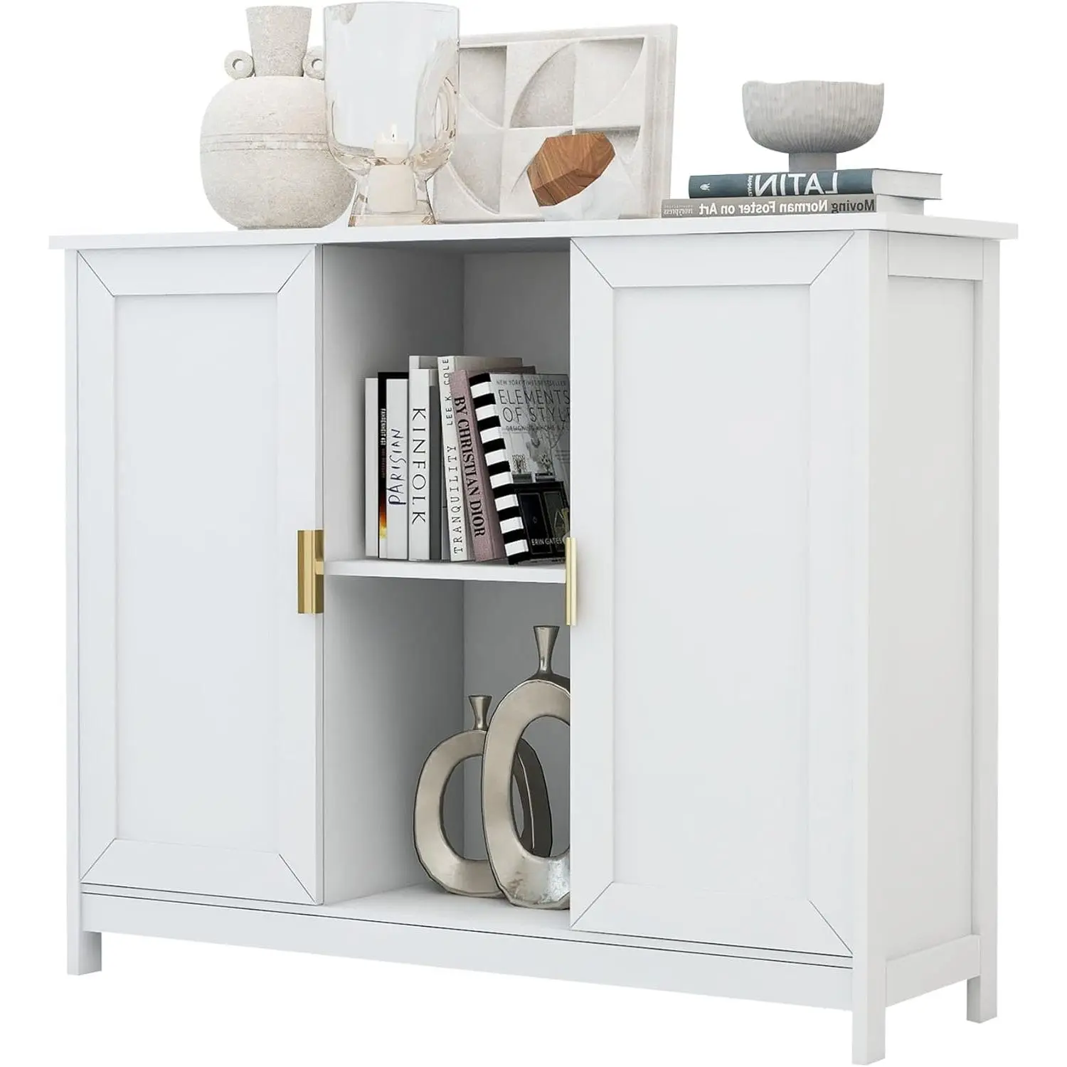 White Buffet Cabinet with Storage,Wooden Narrow Sideboard Entryway Cabinets,Modern White Cabinet with Doors Credenza