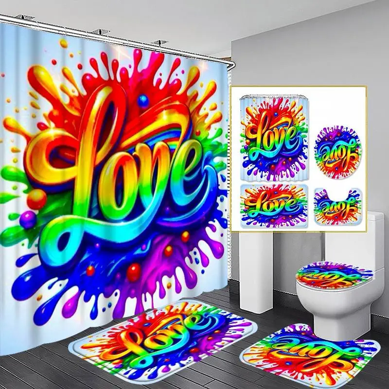 1/4pcs Colorful Love Splash Art Bath Curtain Set for Bathroom Decor Rainbow Scene Vibrant Design Modern StyleBathroom Mat and 12 Durable Hooks, Home Decor, New Home Gift Selection, Bathroom Accessories Set, Washable Shower Curtain, Bath Mat Set