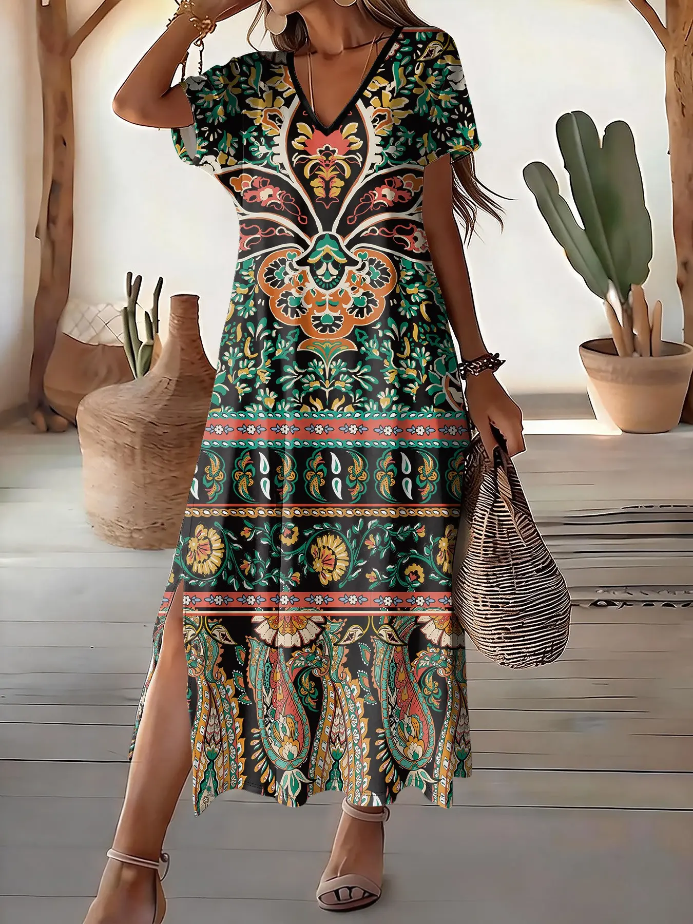 Vintage Ethnic Paisley Print Long Dress, Women's V Neck Shoulder Strap Loose a Line, Side Slit Bohemian Vacation Dress