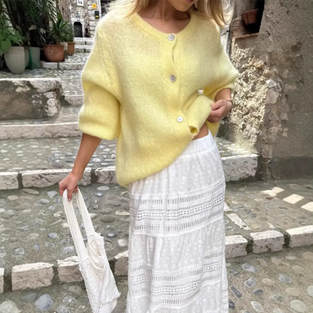 Women’s Soft Fuzzy Knit Cardigan – Wool Blend Button-Front Crew Neck Sweater, Relaxed Fit Cropped Long Sleeve Cardigan for Fall Winter, Cozy Casual Layering Top