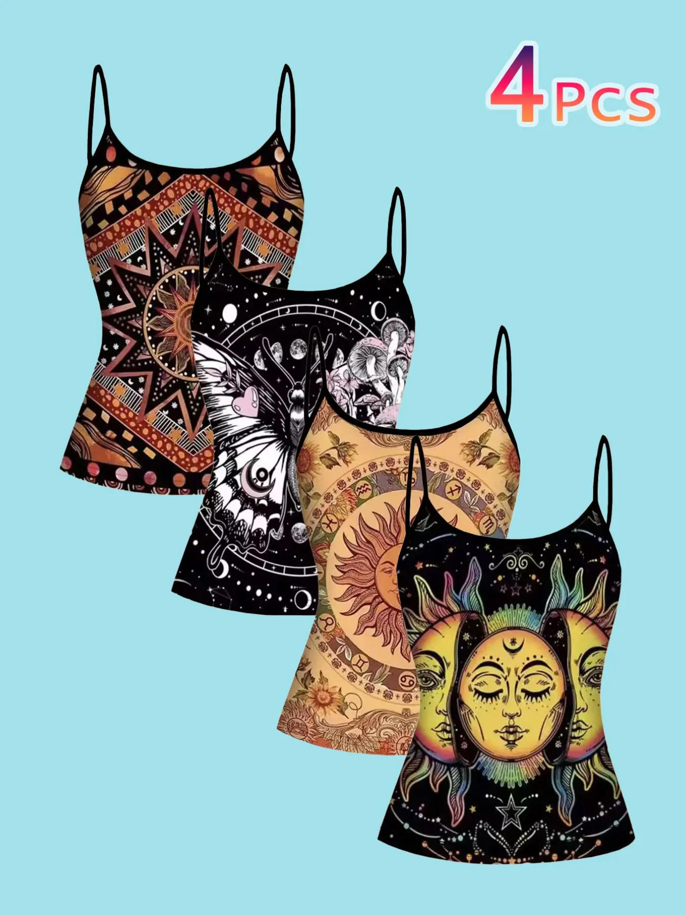 4 Piece Bohemian Chic Mystical Sun Moon Butterfly Print Halter Tops, Women's Vintage Astrology Slim Fit Thin Strap Spaghetti Strap Tank Tops Underwear