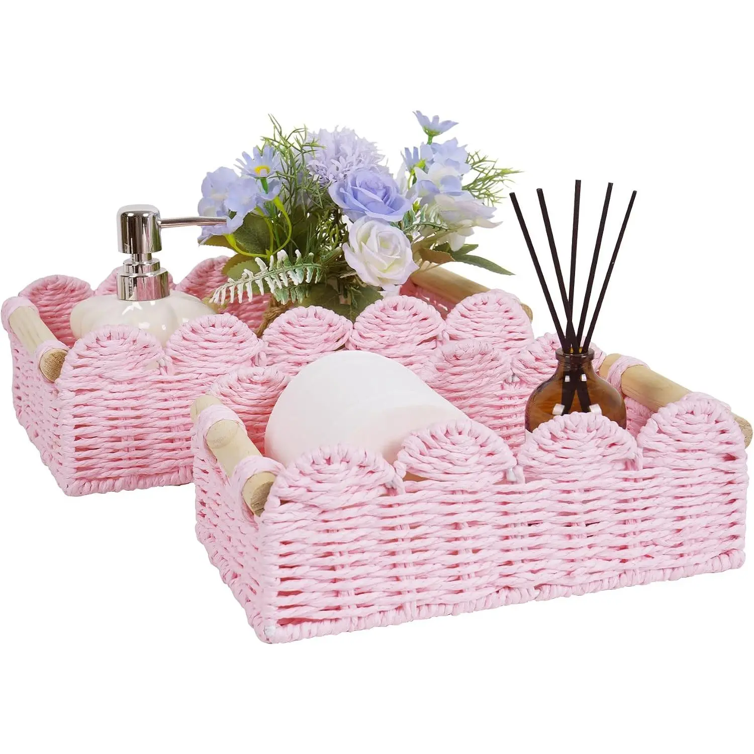 2-Pack Pink Scalloped Edge Natural Rattan Wicker Storage Baskets with Handles, Multi-Size Paper Rope Decorative Organizers for Bathroom Use, Toilet Tank Tops & Shelves