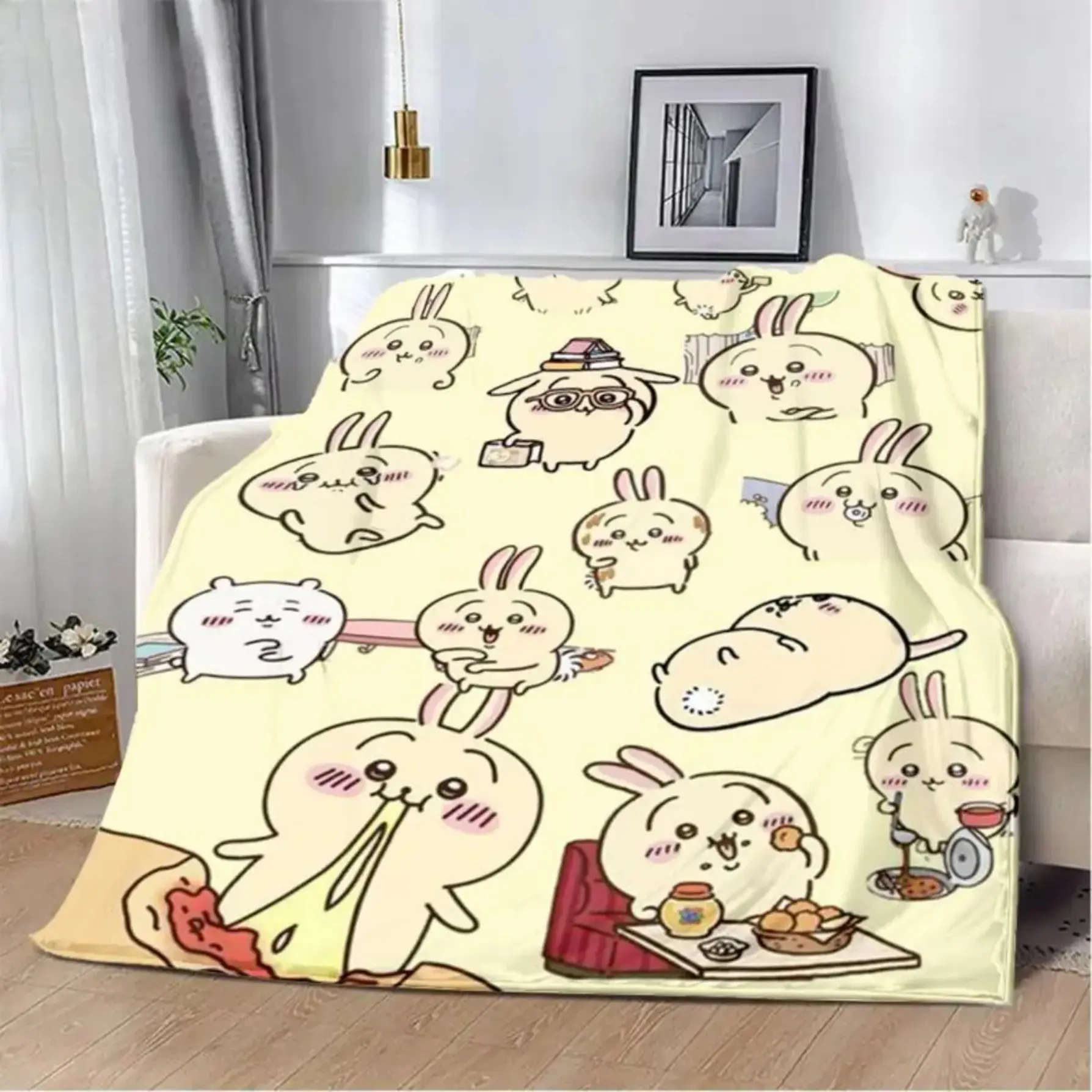 Cute Cartoon Chiikawa Flannel Blanket Soft Warm Usagi Hachiware Kawaii Anime Plush Fleece Throw Y2K Coquette Room Decor Bedding Couch Sofa Cover Picnic Travel Birthday Christmas Gift