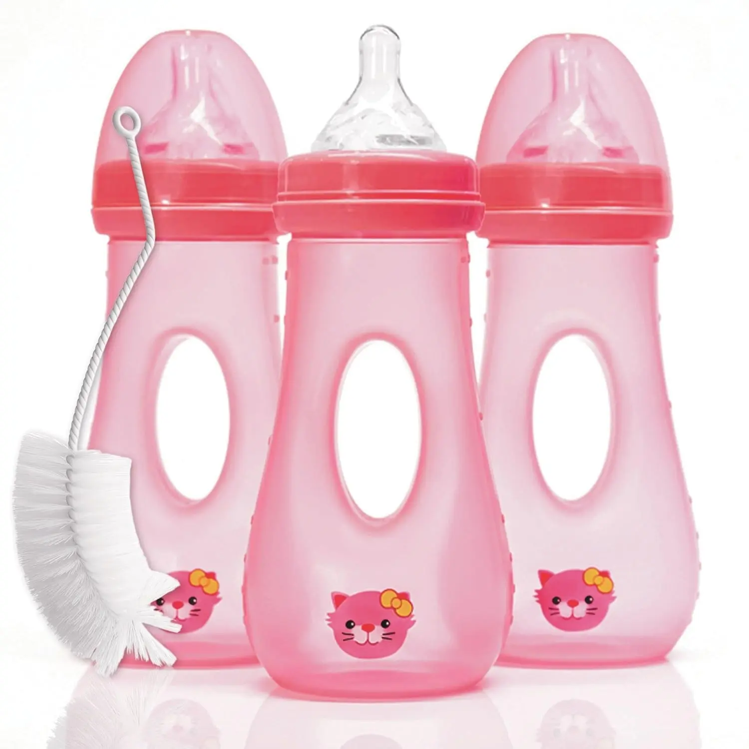 8 oz Easy Grip Baby Bottles with Stage 2 Anti-Colic Medium Flow Nipples, 3-9 Months, Set of 3 + Bonus Bottle Cleaning Brush(Gift)