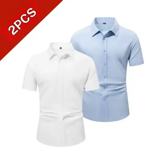 Men’s summer minimalist solid color short sleeve shirt set, breathable and comfortable, easy to care for—business casual for commuting and office wear, suitable for formal occasions and everyday outings; two piece set