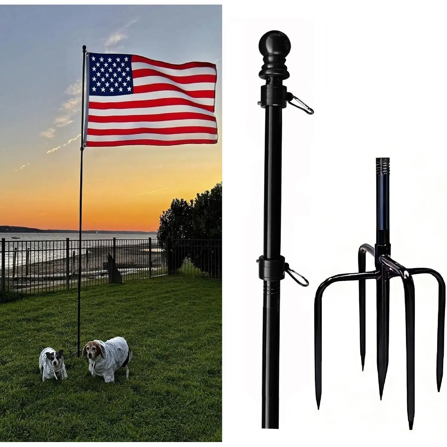 10ft Stainless Steel Outdoor Flag Pole, Ground-Mount Stand with 5-Prong Base for House Exteriors, Rotates Free Design