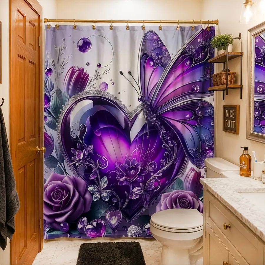 Valentine's Day purple butterfly and floral shower curtain set, non-slip mat, U-shaped rug, toilet seat cover, perfect for bathroom decoration, includes 12 shower curtain hooks, Bathroom Accessory, Bathroom Decoration Accessories
