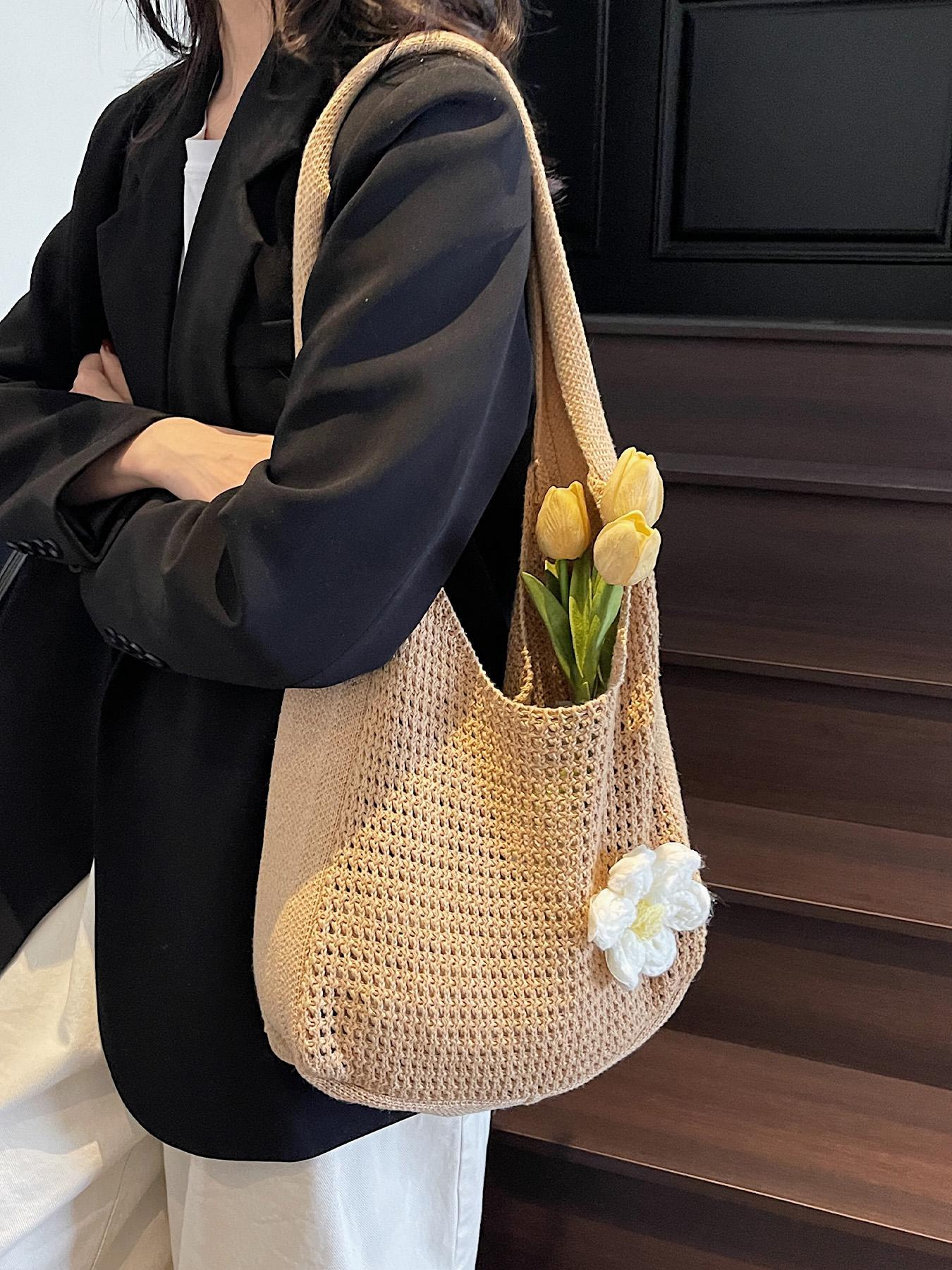 Women's Solid Color Straw Bag with Flower Decor, Fashionable Crochet Shoulder Bag Crossbody for Daily Used, Casual Trendy Versatile High-quality Daily Commuting Bag, Stylish Versatile Bag, Casual Trendy Purses Women's Solid Color Straw Bag with Flower Decor, Fashionable Crochet Shoulder Bag Crossbody for Daily Used, Casual Trendy Versatile High-quality Daily Commuting Bag, Stylish Versatile Bag, Casual Trendy Purses