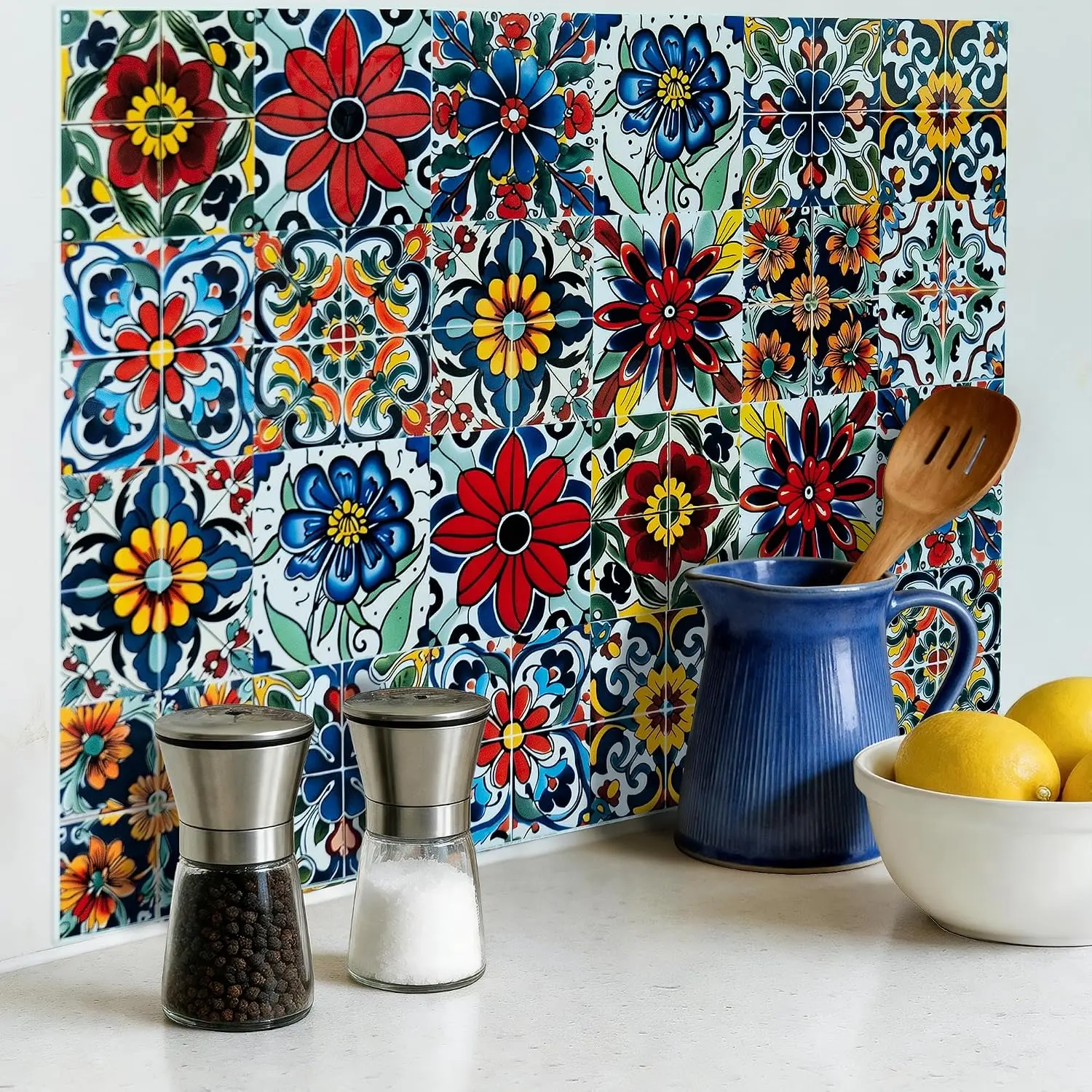 24 count Peel and Stick Tile Stickers 4x4 Inches, Mexican Talavera Backsplash for Kitchen,  Renter Friendly Wall  for Stair Risers & Bathroom,  Spanish Boho Décor