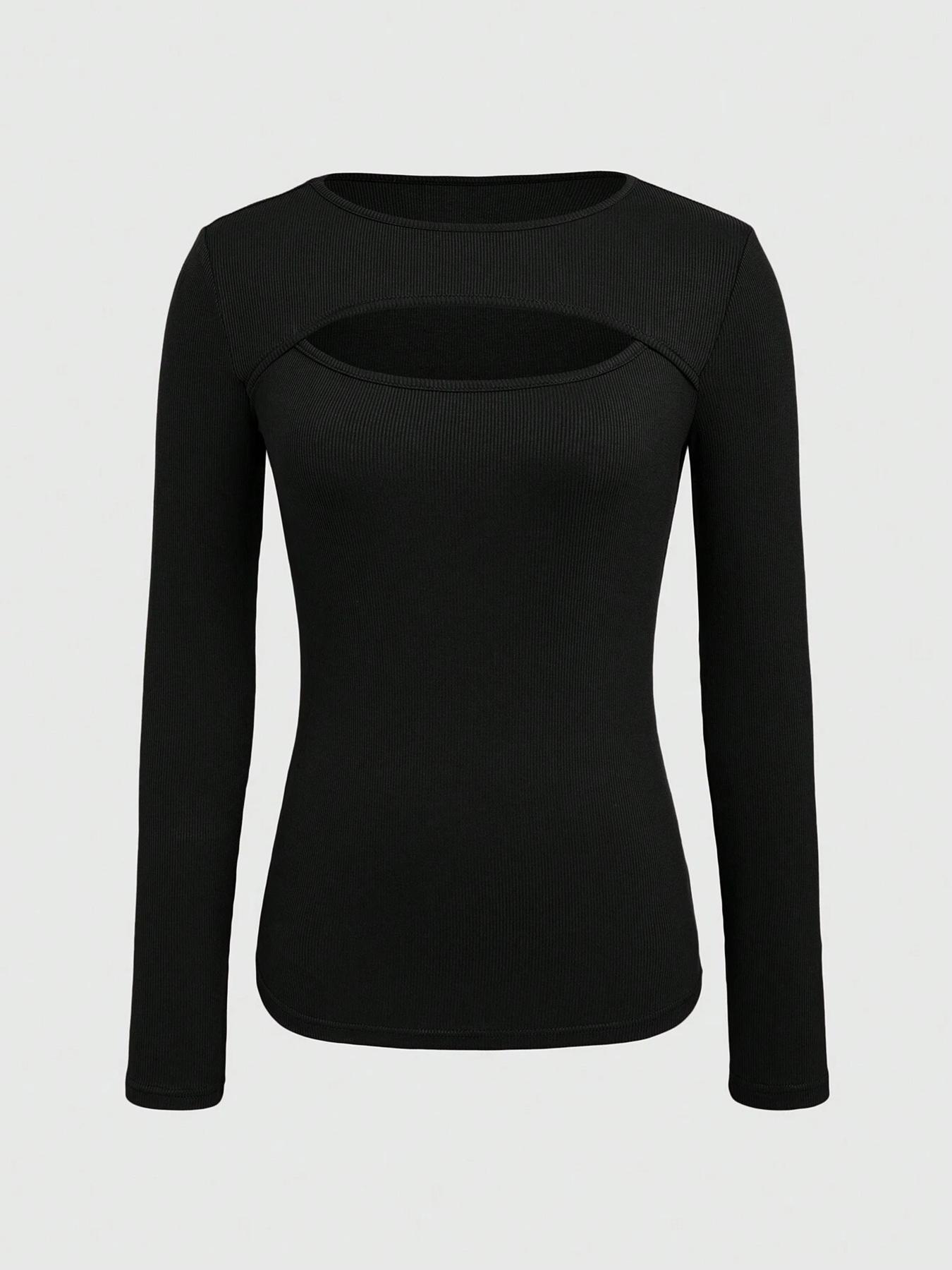 Women's Plain Cut Out Round Neck Ribbed Slim Tee, Elegant Long Sleeve Crew Neck T-shirt for Spring & Fall, Women's Top for Daily Wear