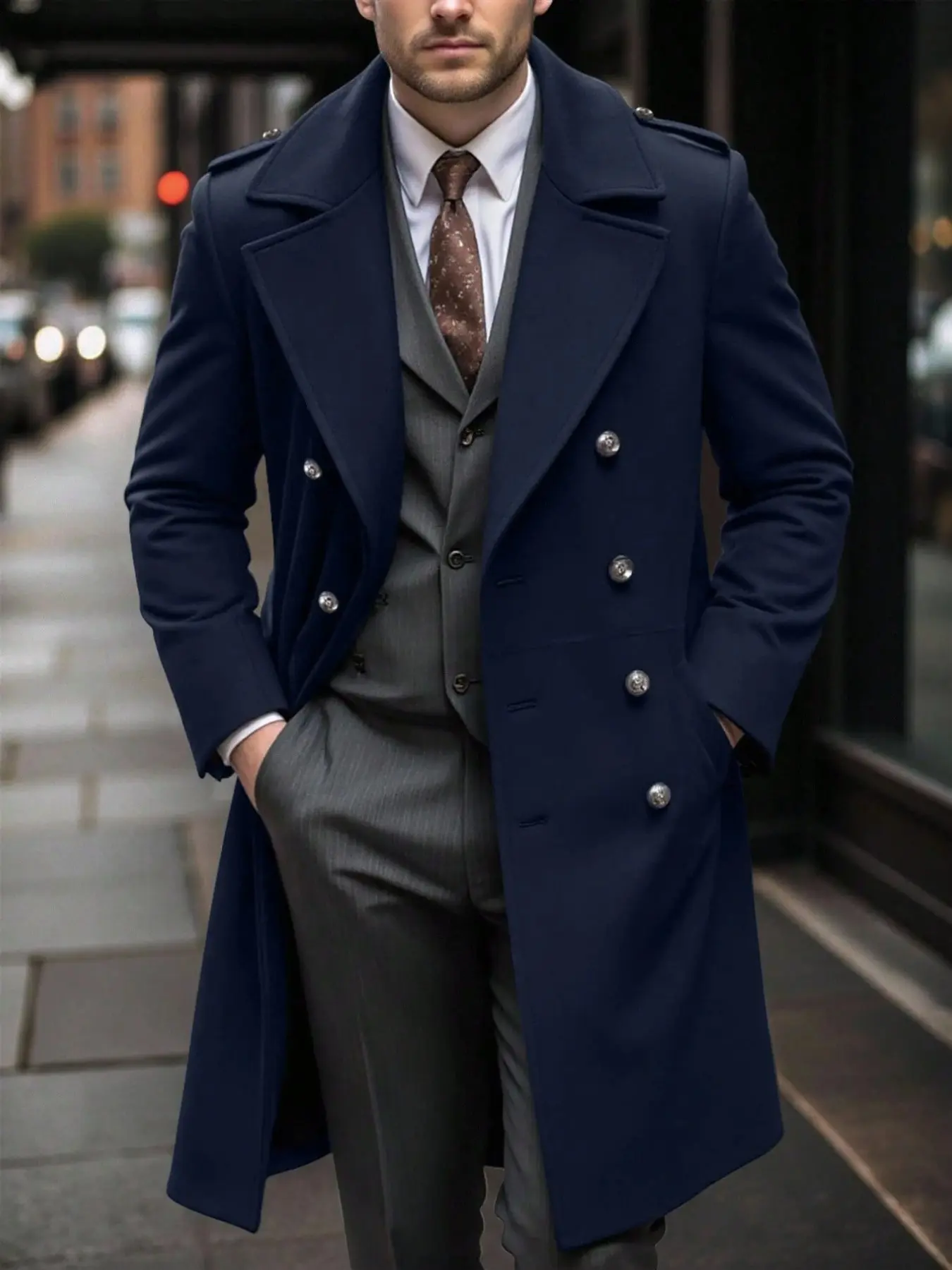 Men's Plain Double-Breasted Long Coat, British Gentleman Fall Winter Formal Outerwear, Elegant Overcoat for Men