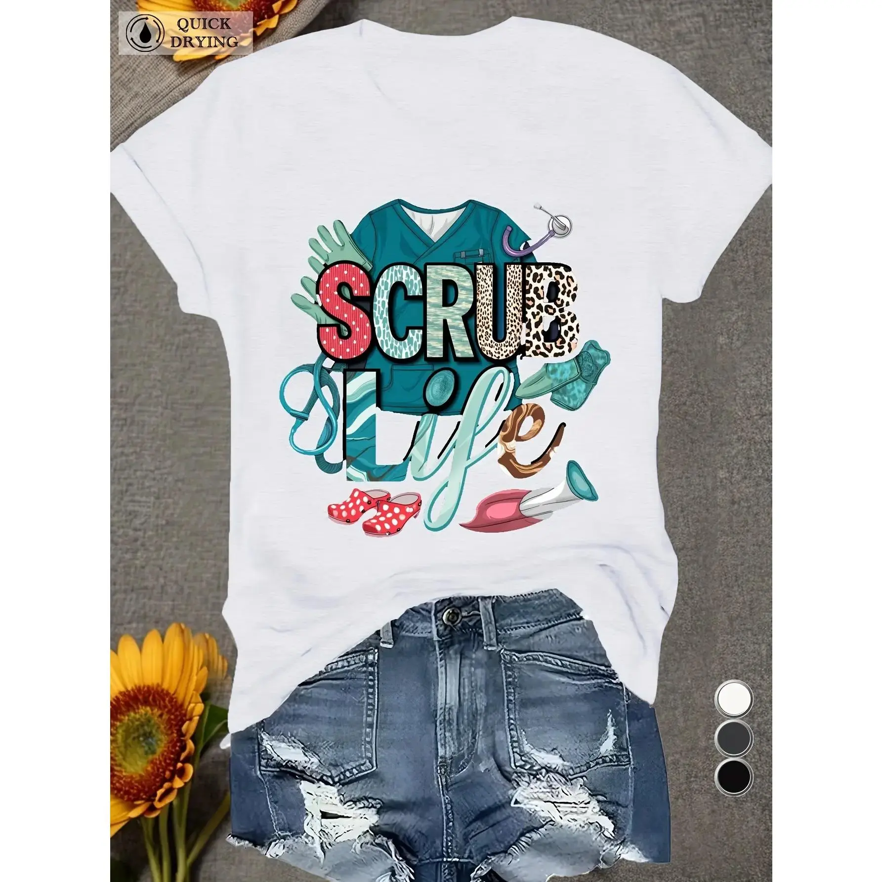 Women's Soft Comfort-Fit Scrubs T-Shirt with Stethoscope & Nurse Cap Print - Casual Healthcare Uniform, Short Sleeve Nurse Top for Hospital Staff, Stethoscope-Themed Attire (No Underneath)