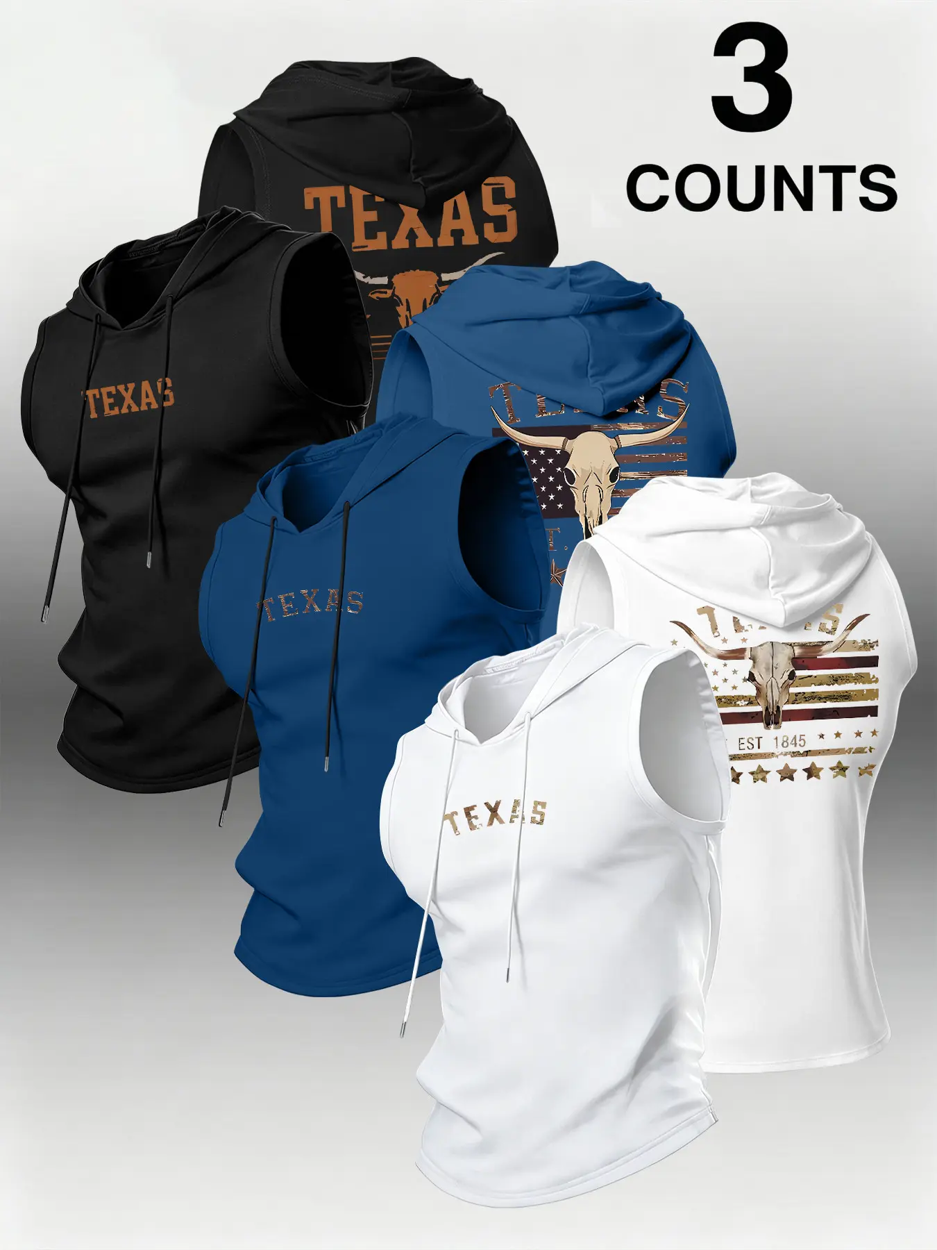 Texas Bull Flag Print Hooded Tank Top, Unisex Street Style, Fitted Design, No Collar, Zipperless, Buttonless, Multi-Color Set