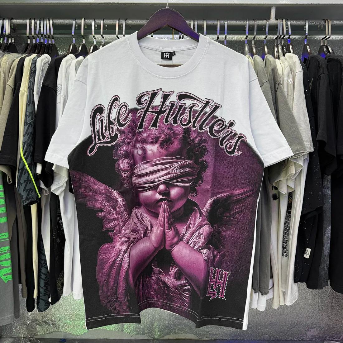 Masked Angel Shooting Arrows Diamond Cotton Short Sleeve T-shirts for Men and Women Crew Neck Loose Summer T-shirt Oversized Tees Streetwear Graphic Tee Trendy Casual Unisex Hip Hop Cool Fashion Summer Style Edgy Urban Vibes