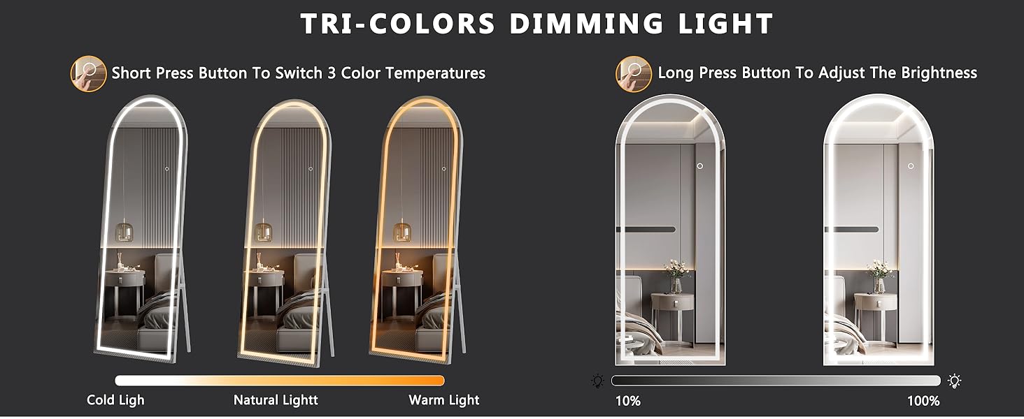 71" x 26" Led Mirror Full Length,Full Length Mirror with Lights Arch Design, 16"x 59"Tempered Glass,Shatter-Proof, Dimming & 3 Color Modes for Bedroom Cloakroom-UL 64" x21" Right Angle Mirror Full Length, Full Length Mirror with Lights Arch Design