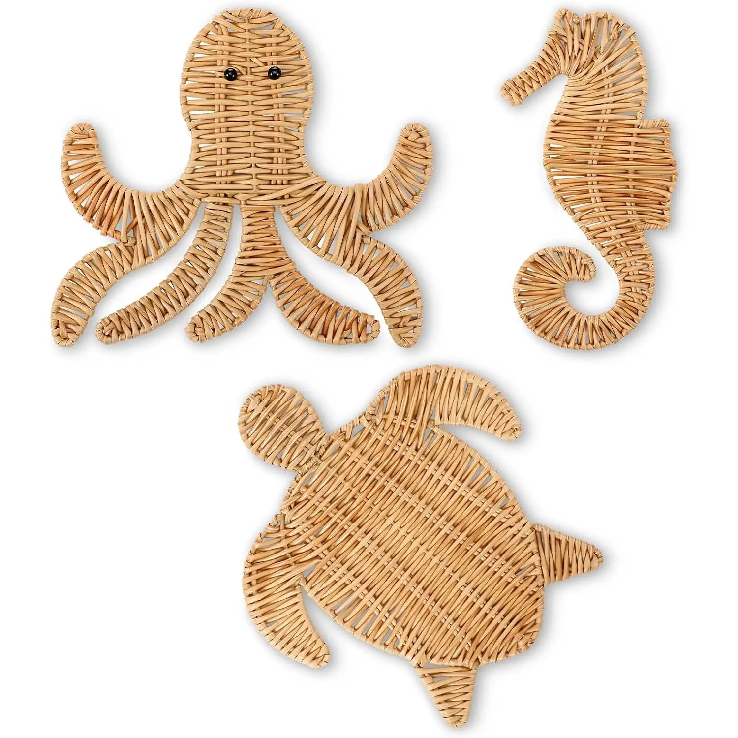 Novabright Handmade Rattan Sea Creatures Wall Decor Set of 3 - Boho Coastal Seahorse, Turtle, Octopus Hanging Art Gift for Bathroom, Living Room Indoor Outdoor Room Decor