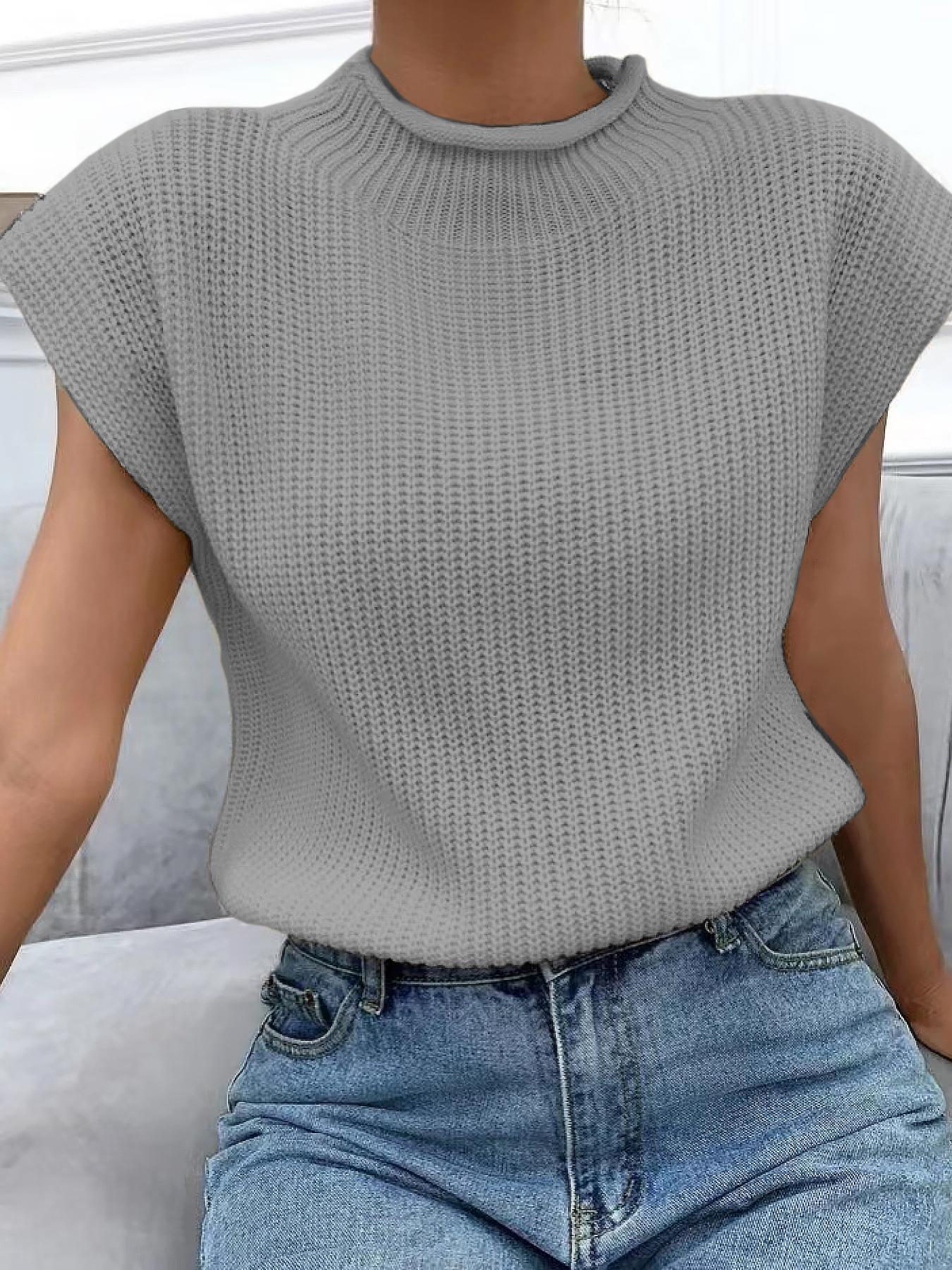 Women's Plain Roll Trim Mock Neck Sweater Vest, Casual Solid Sleeveless Knit Top for Spring & Fall, Women's Knitwear for Daily Wear