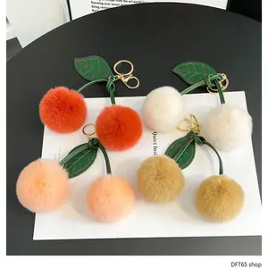 Cute Cherry Shaped Faux Fur Pom Pom Keychain Soft Fluffy Plush Texture Solid Metal Key Ring Compact Lightweight Silhouette For Women Daily Backpack Handbag Hanging Sweet Minimalist Portable Decorative Bag Accessory