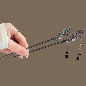 Double Butterfly Tassel Hair Stick New Elegant Chinese Style Hairpin Horse Face Skirt Ancient Style Qipao Hair Hairpin Jewelry