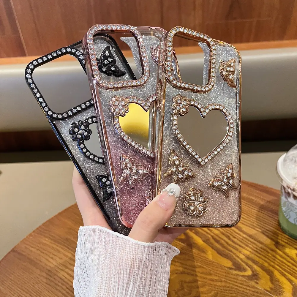 Diamond-Encrusted Butterfly Heart-Shaped Touch-Up Mirror For iPhone 17 16 15 14 13 Pro Max  Full-Coverage Shock-Resistant Case