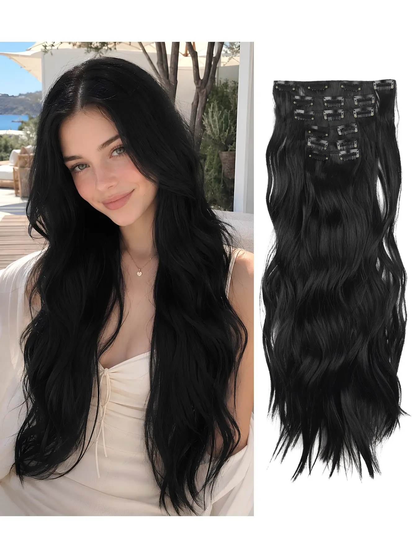 6-piece set of 22 inch synthetic fiber clip style hair extensions, wave clip hair extensions, soft wave shaped hair extensions, suitable for upgrading women's daily and party hairstyles