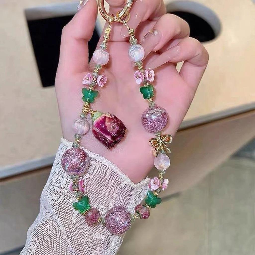 New style mobile phone chain with heart-shaped beads and rose flower, handmade beaded mobile phone keychain, bag strap accessory