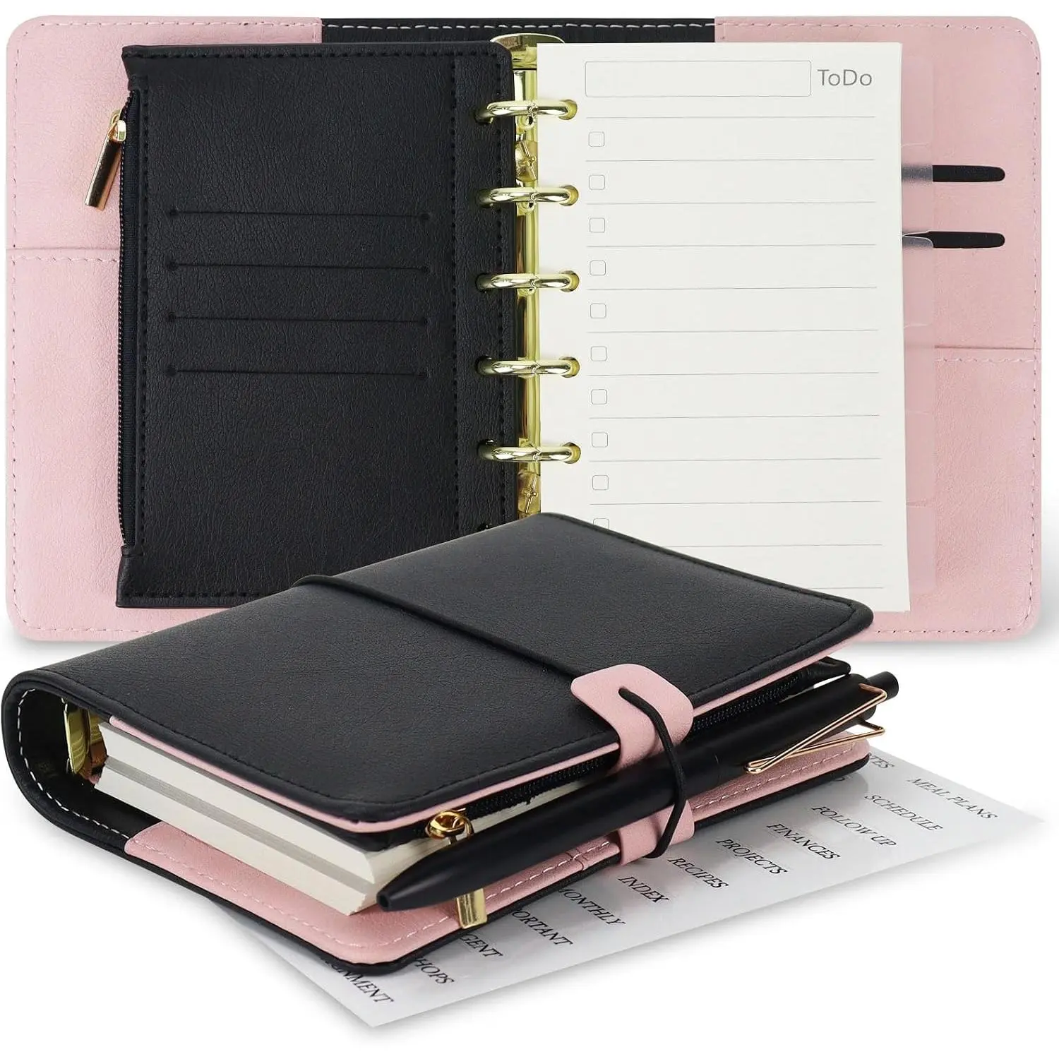 A7 Pocket Refillable Planner Small Binder Notebook 6 Ring 4.5"x5.7" | Portable PU Leather Organizer with Zippered Pocket, To-Do Blank Refill Papers, Dividers, Monthly Sticker, Pen, Black &