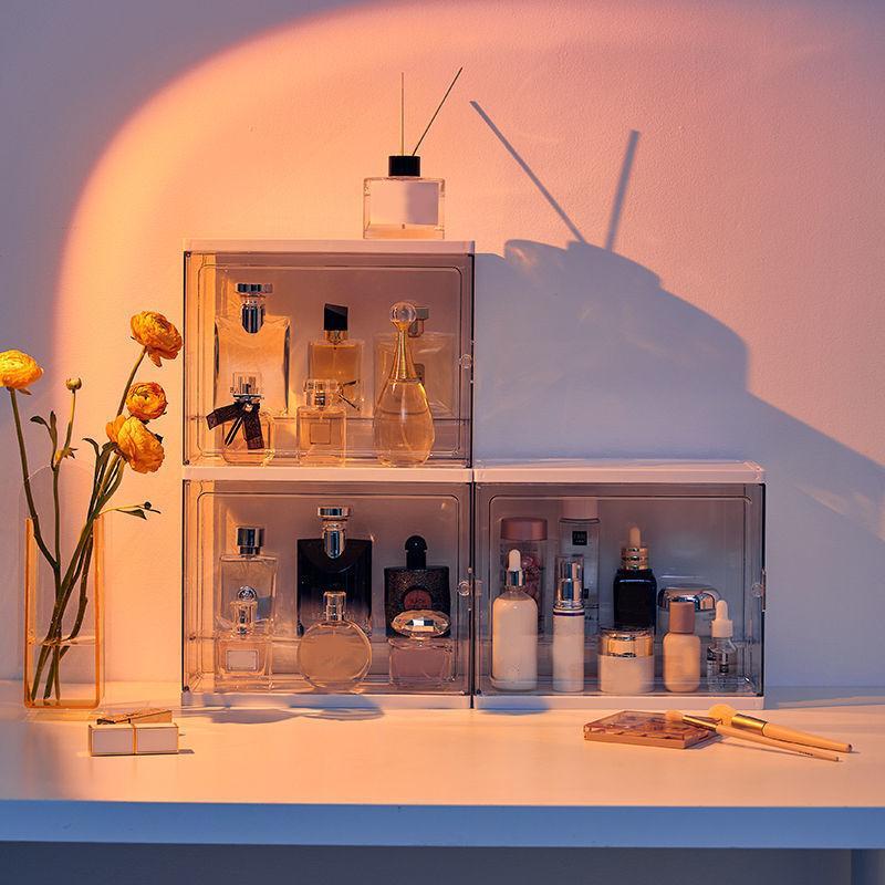 Stackable Perfume Storage Box, 1 Count Large Capacity Dustproof Acrylic Display Cabinet, Vanity Makeup Organizer, Cosmetic Desktop Dustproof Storage Box for Home Bathroom Hotel Salon, Multilayer Storage, Cosmetics Organizer Storage