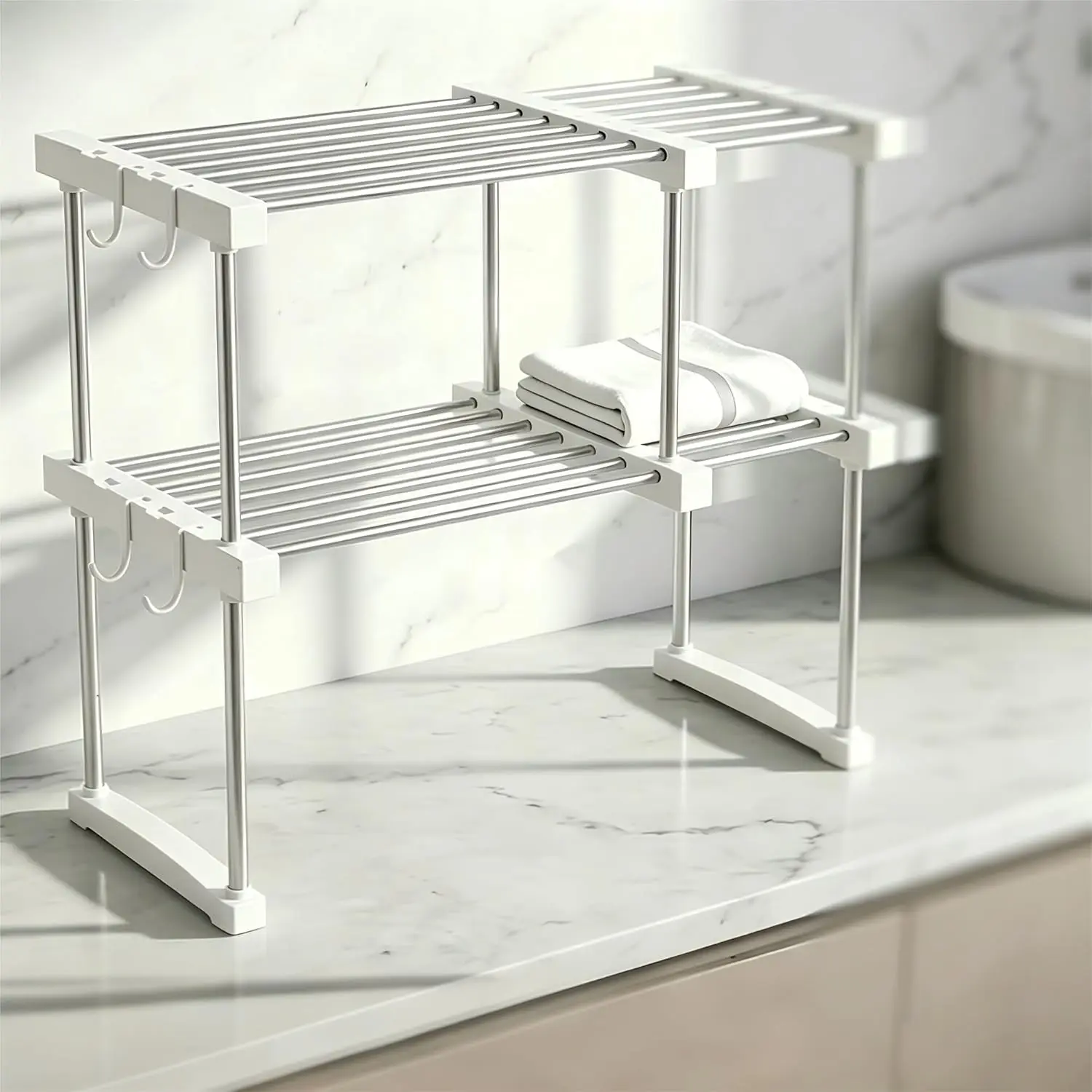 Expandable Under Sink Organizer, No-Drill Adjustable Shelf for Heavy Laundry Supplies, Custom Fit Around Pipes Cabinet Rack for Bathroom Vanity and Kitchen Pantry