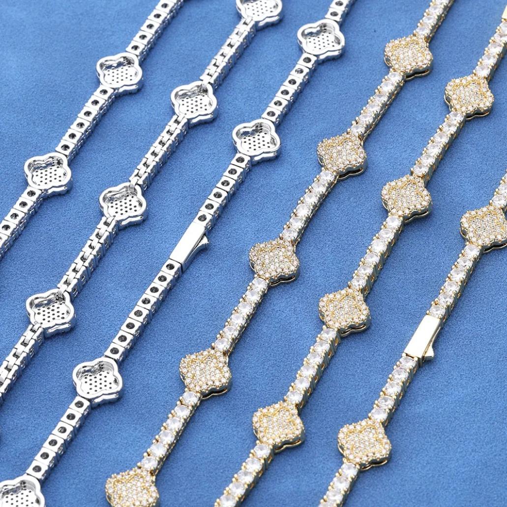 Luxury Iced Out Flower Necklace Bracelet Set Diamond Bling Jewelry for Women Gold Silver Chain Set