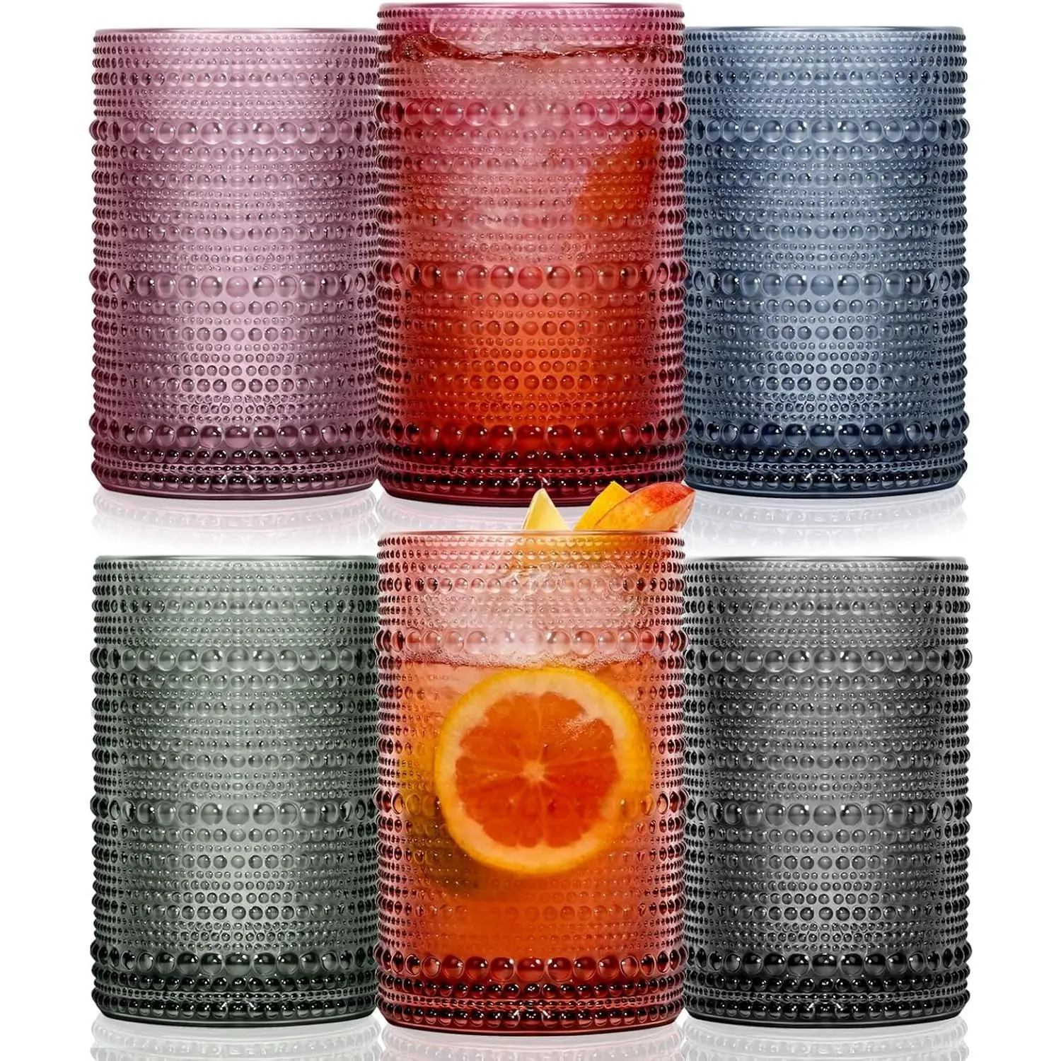 Colored Hobnail Drinking Glasses Set of 6, 12oz Vintage Highball Glasses, Kitchen Glassware Beaded Cups for Iced Coffee, Cocktail, Beer, Juice, Whiskey, Milk