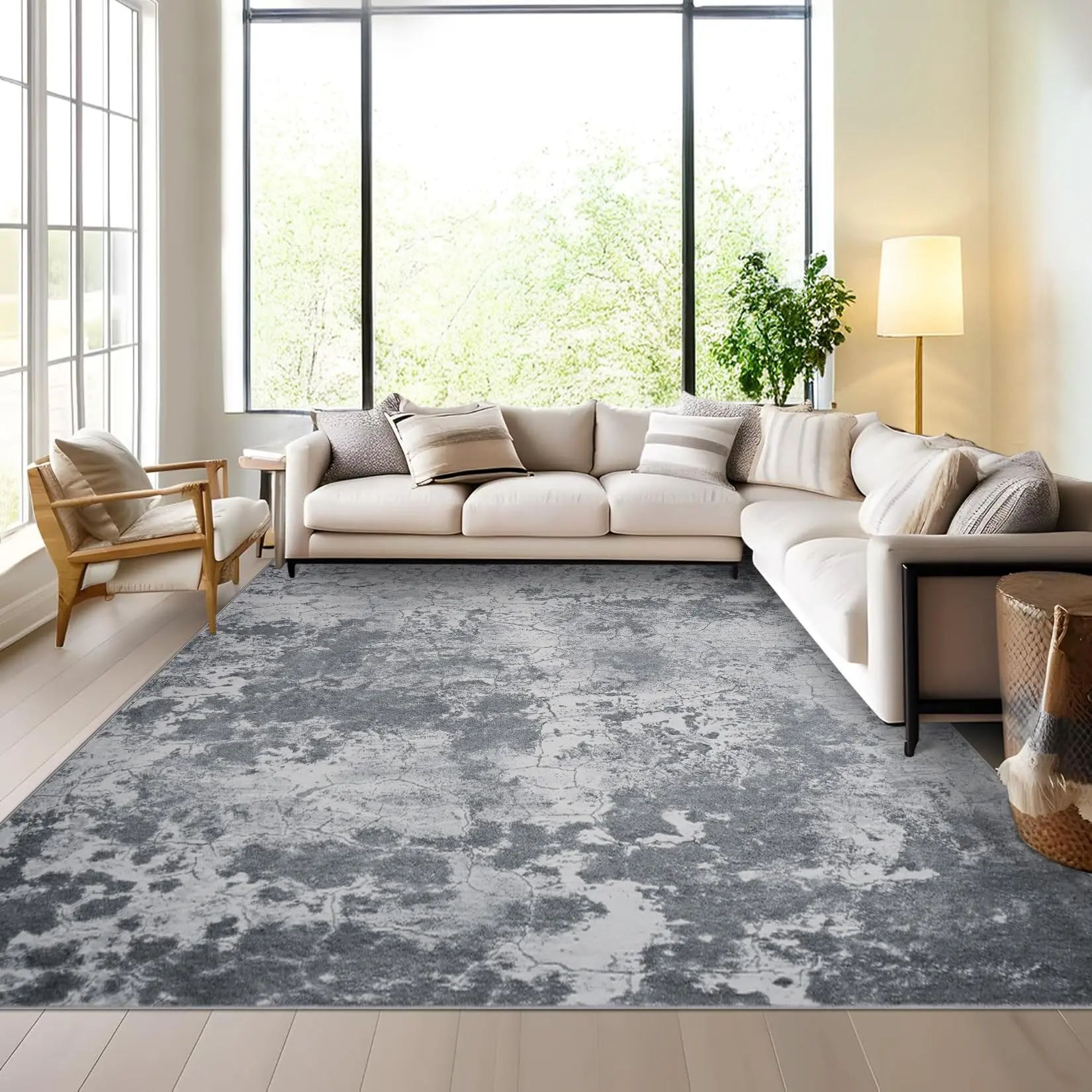GARVEE 8x10 Large Size Flat Weave Indoor Rug - Washable, Stain Resistant, Non Slip, Soft Abstract Neutral Tones Carpet for Living Room Decor, Bedroom, Home Office Grey, Modern