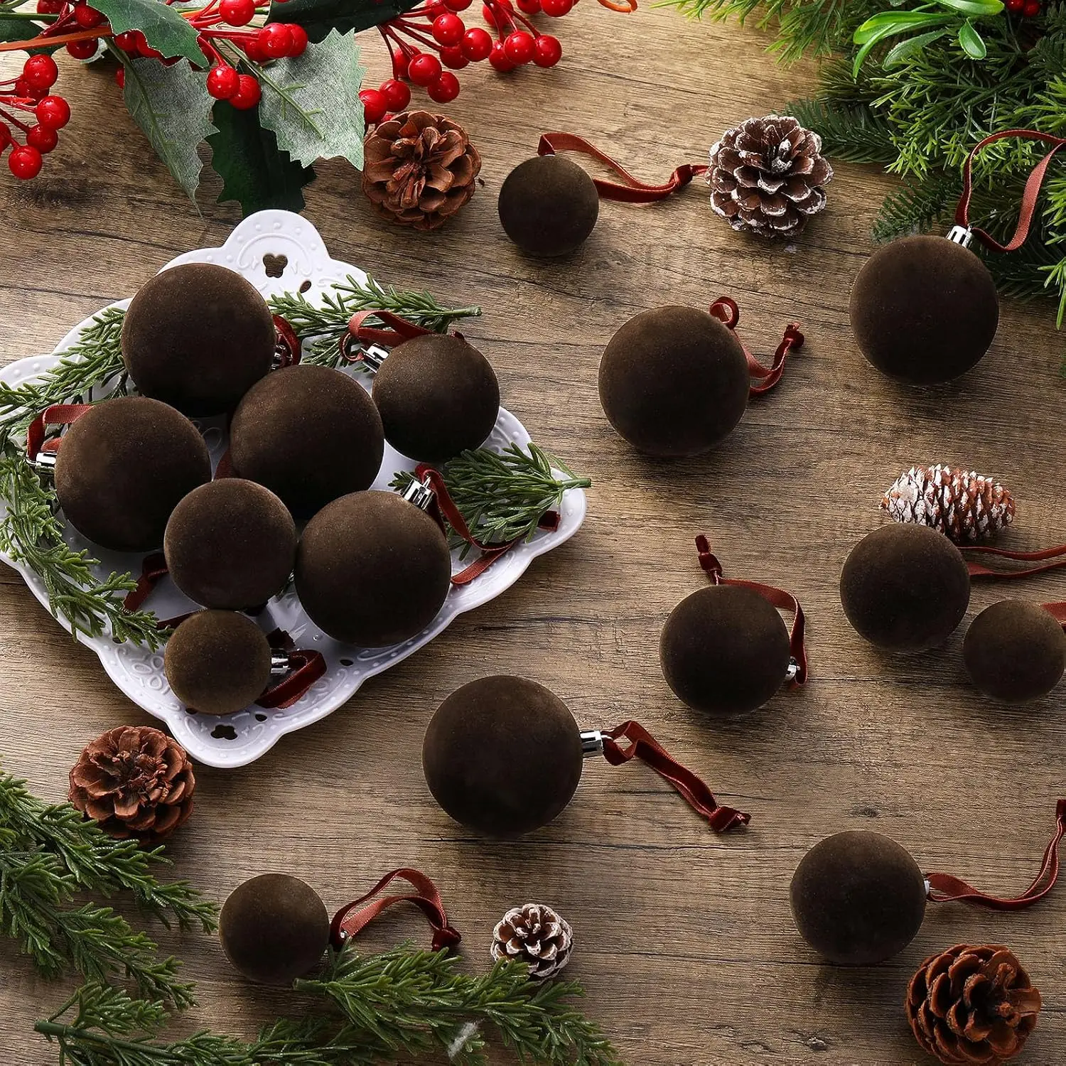 40 count Dark Brown  Christmas Balls Flocked Christmas Tree  Ornaments Neutral Shatterproof Plastic  Ball for Xmas Tree Decor
