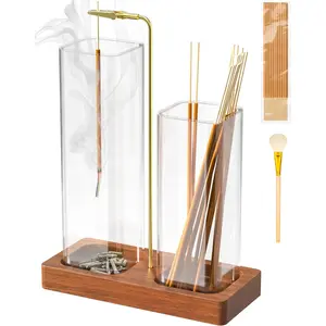 2 in 1 Large Incense Holder for Sticks with 7.8" & 5.9" Glass Jars, Upside Down Incense Burner with Ash Catcher for Meditation Yoga Spa Home Decor, Comes with 20 Incense Sticks & Brush