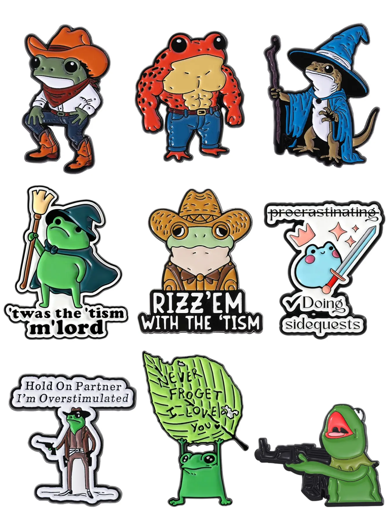 9pcs Funny Meme Frog Enamel Pins, Cowboy Wizard Autism Game Sidequest Quote Lapel Brooch Set, Neurodiverse Frog Lover Backpack Decor Gift, Collectible Pins, Alloy Brooch Pin