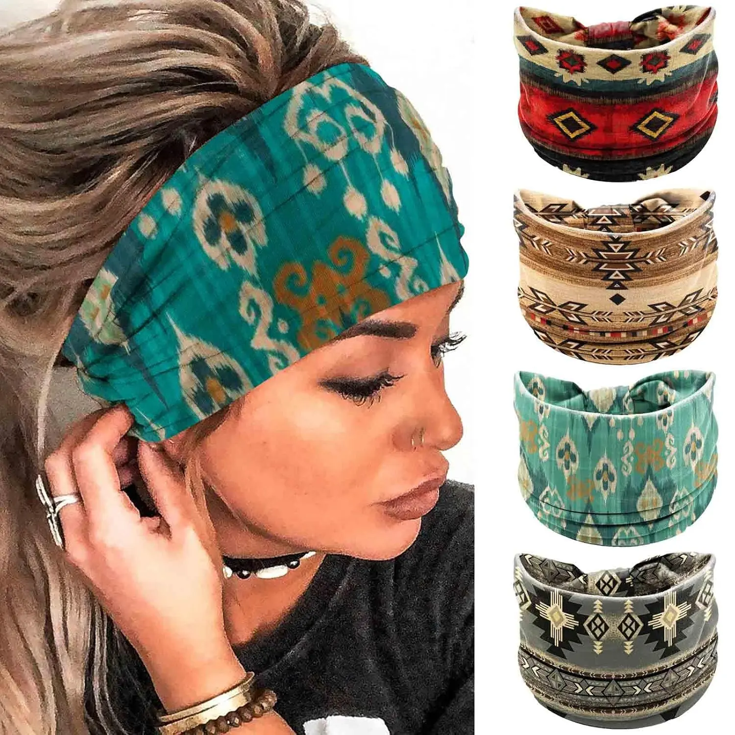 Wide Boho Headbands Floral Stretch  Wraps  Butterfly Hairbands Knotted Bandana Headband Yoga Turban  Scarfs Workout Hair Accessories for Women 4 count (Boho, 9.4 * 5.9'')