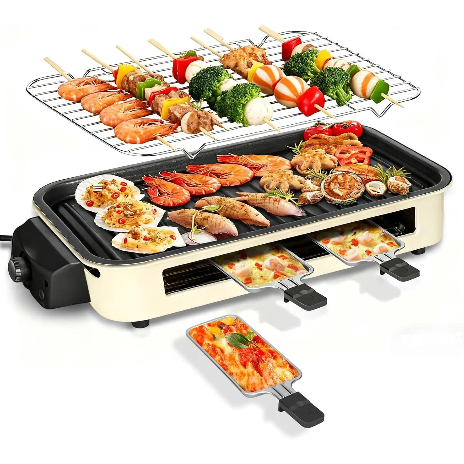 2 in 1 Smokeless Indoor Grills with Non-stick Removable Grill & Griddle Plate, Temperature Control, Portable Korean BBQ Grill with 3 Raclette Cheese Pans