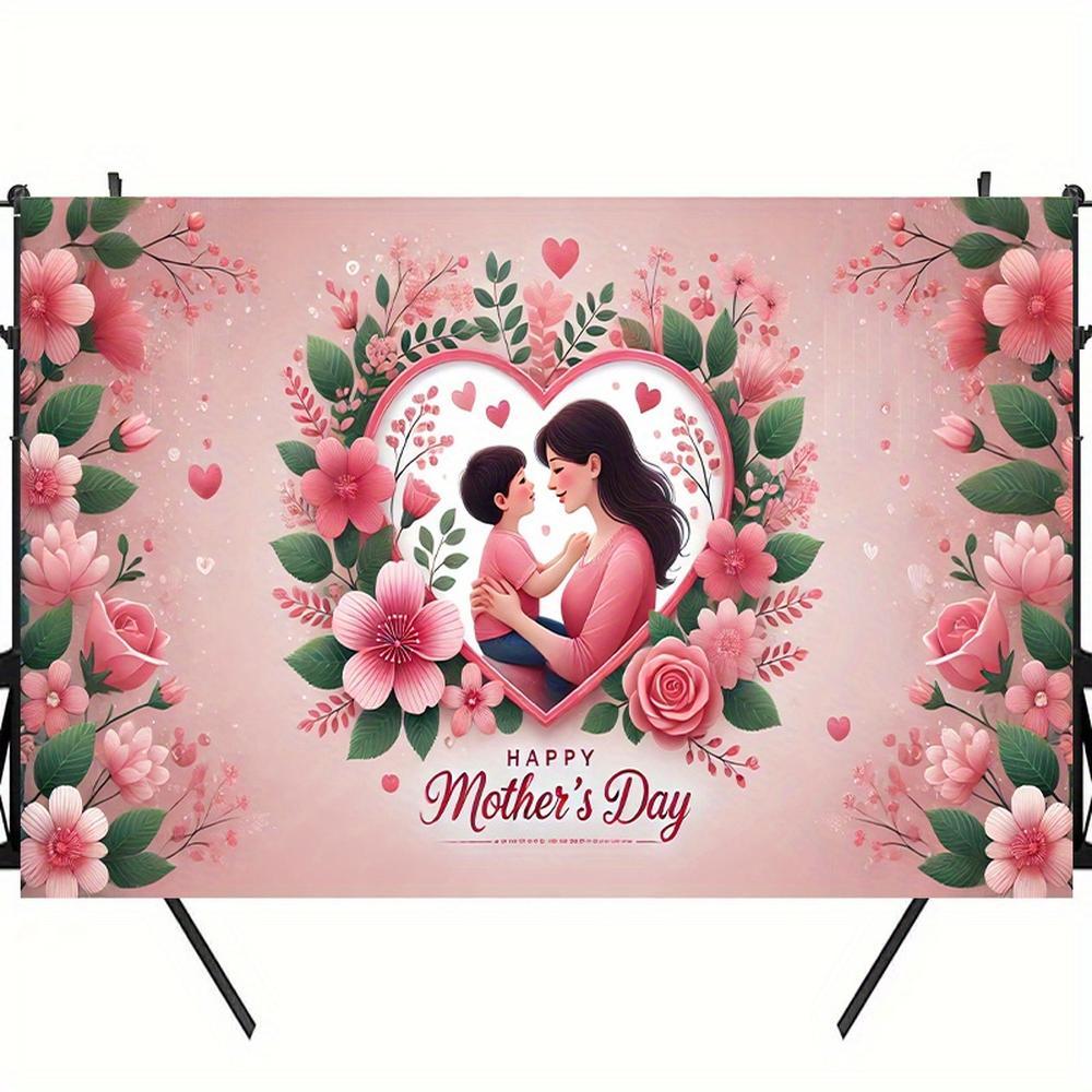 1PC,2D Flat Mother's Day Warm Parent - Child Floral Heart - Shaped Tapestry, Home Decor Wall Hanging, Festival Atmosphere Decoration, Background Cloth For Bedroom, Living Room, Photo Backdrop