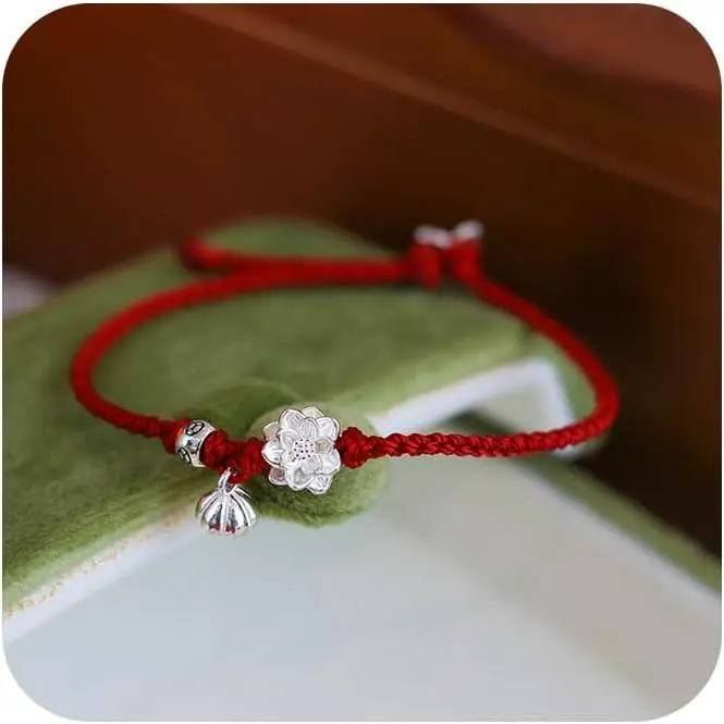 Lotus Flower Bracelet 925 Sterling Silver for Women, Handmade Braided Rope Red String Adjustable Lady Jewelry Red Protection Bracelet for Women Buddhist Spiritual Lucky Amulet Gift