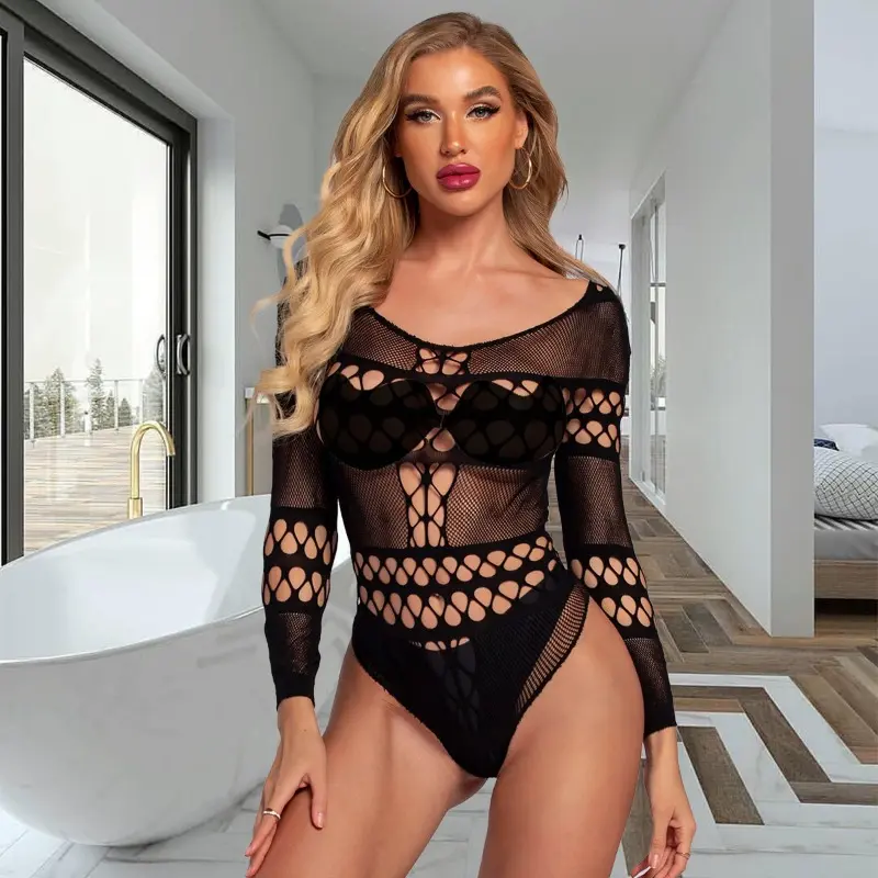 Women's Plus Size Sheer Mesh Bodysuit, Casual See-Through Mock Neck Long Sleeve Full Body Layering Top, Transparent Clothes For Women
