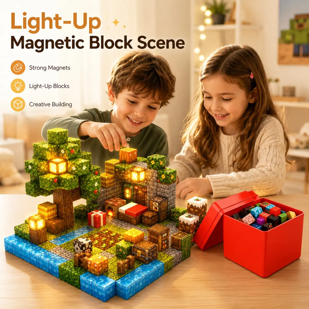 200 Magnetic Building Blocks Toy with Storage Box, Strong Magnet DIY Puzzle Educational Toy, Kids Family Interactive Game, Ages 3+
