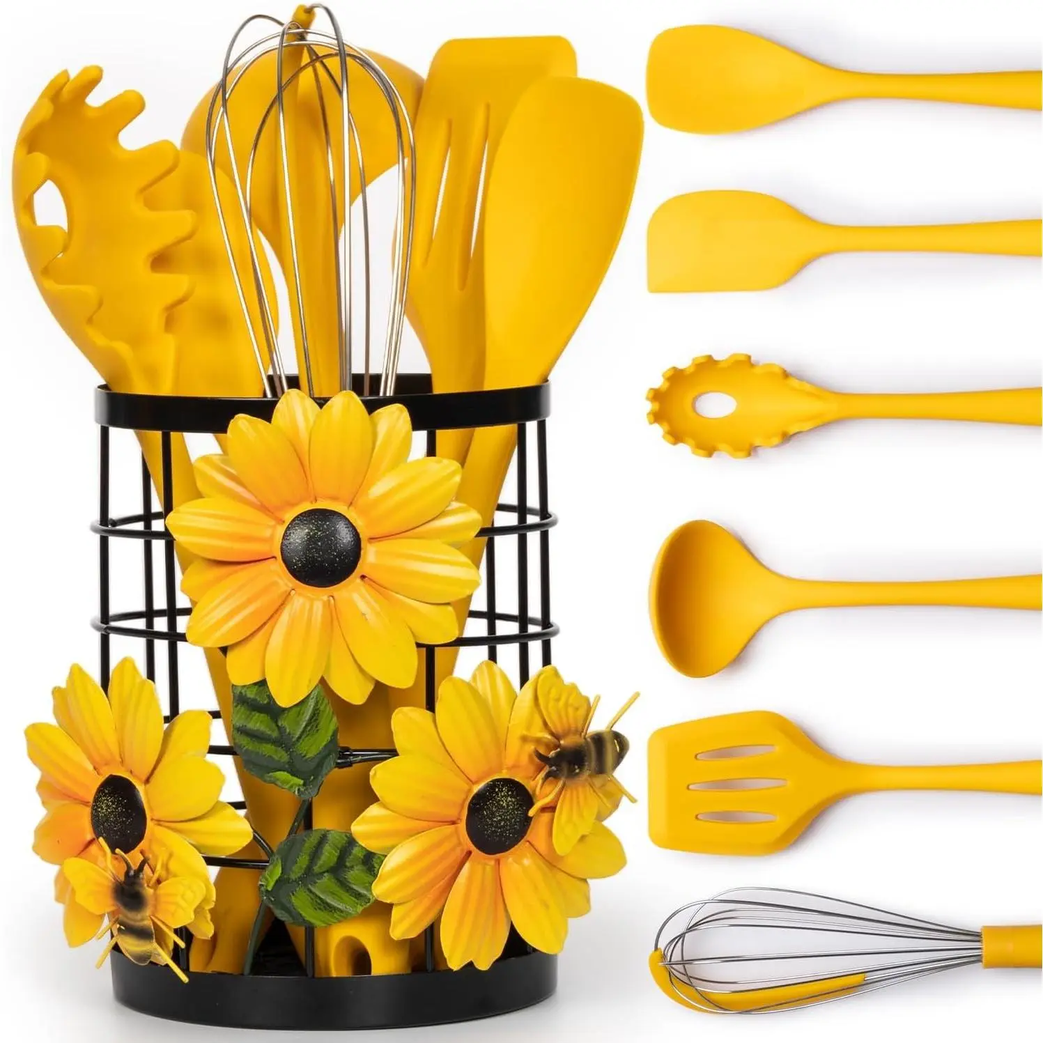 Sunflower Utensil Holder with Cooking Utensils - Kitchen Decor Accessories