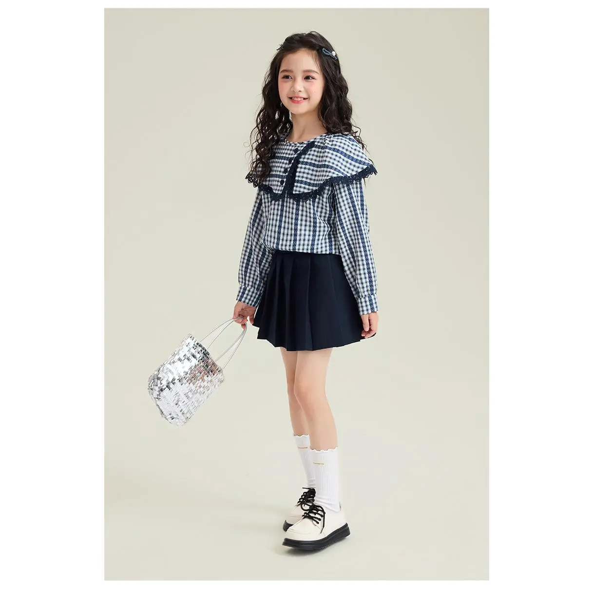 Girls Plaid Lapel Long Sleeve Blouse, Shawl Collar Shirt With Lace Trim, Machine Washable Kids Top, Elegant Casual Spring Fall Outfit, Ideal For Daily Wear, Church Occasions And Outdoor Activities